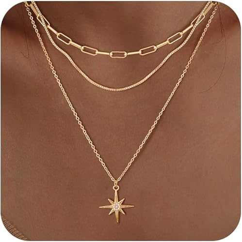 Dainty Star 14k Gold Plated Stackable 3 Piece Necklace Set