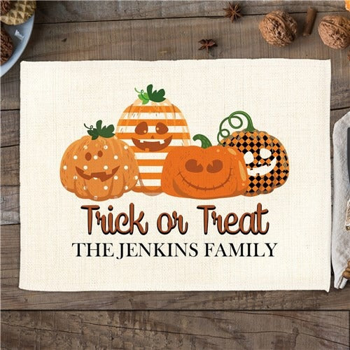 Trick Or Treat Patterned Pumpkins Linen 2-Ply- Set of 4 image Any Family Name: Add THE if desired - 20 Characters Enter Text Here Card Message: Enter Text Here Trick Or Treat Patterned Pumpkins Linen 2-Ply- Set of 4